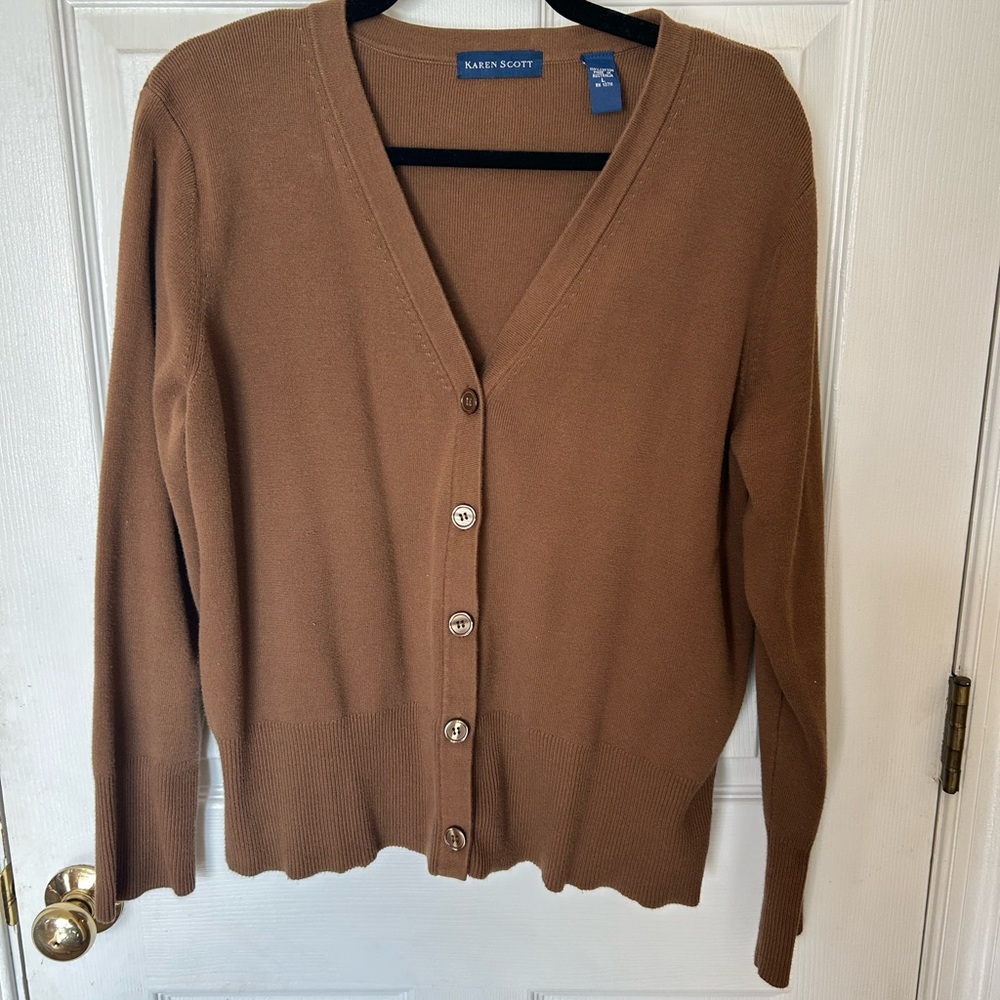 Karen Scott 100% Cotton Women's Large Brown Button-Up Cardigan
